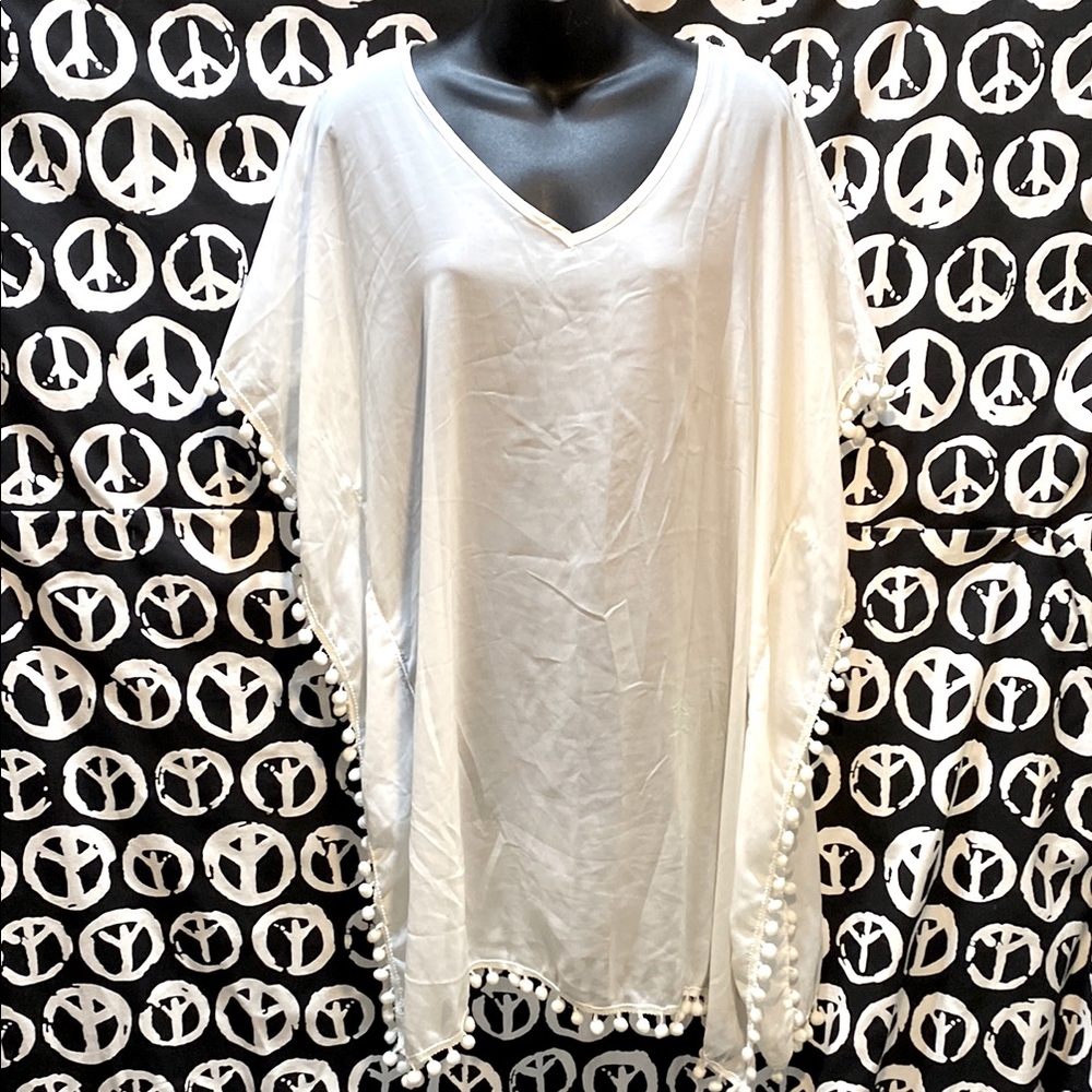 SHEER POMPOM TRIMMED BEACH V-NECK White Pom-Pom Trim Kaftan OS